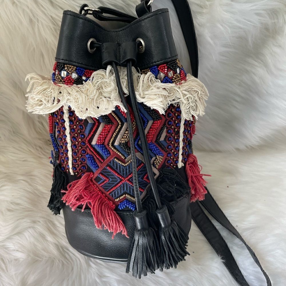 Ricki Design USA Boho multi color beaded bucket shoulder bag black leath…